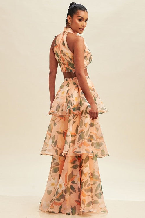 Raya Halter Top And Tiered Maxi Skirt Set - Peach Floral
