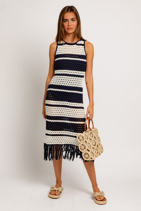 Brigette Stripe Crochet Fringe Hem Midi Coverup Dress