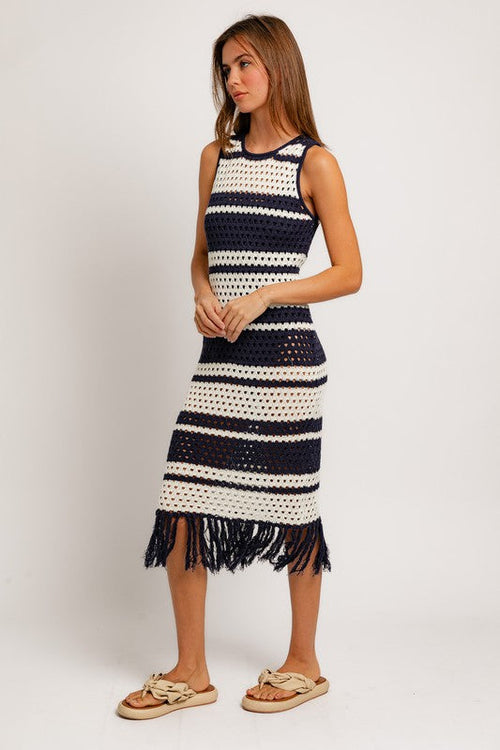 Brigette Stripe Crochet Fringe Hem Midi Coverup Dress