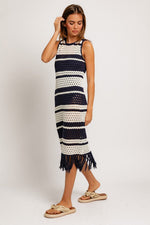 Brigette Stripe Crochet Fringe Hem Midi Coverup Dress