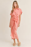 Kiara Button Down Front Tie Midi Dress - Pink