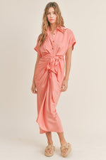 Kiara Button Down Front Tie Midi Dress - Pink