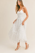 Natasha Butterfly Mesh Lace Up Midi Dress - White