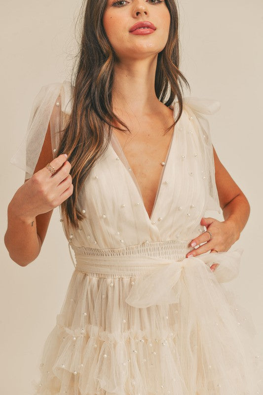 Candice Pearl Tulle Mini Dress - Cream