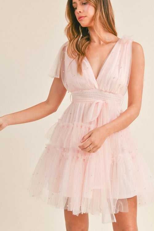 Candice Pearl Tulle Mini Dress - Pink