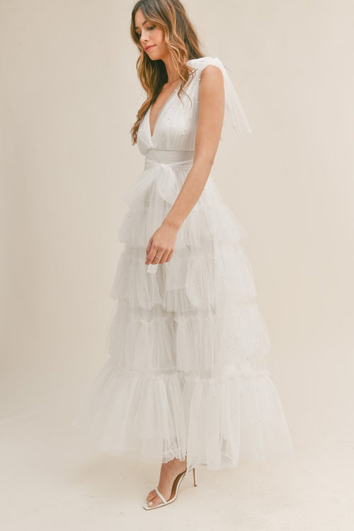 Raina Pearl Tulle Maxi Dress - White