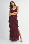 Reilly Asymmetrical Tiered Ruffle Maxi Dress - Wine