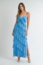 Reilly Asymmetrical Tiered Ruffle Maxi Dress-  Aqua