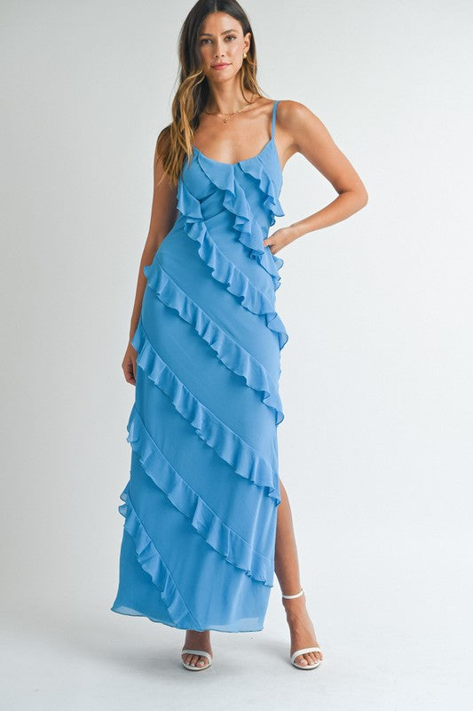 Reilly Asymmetrical Tiered Ruffle Maxi Dress-  Aqua