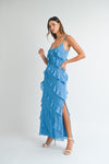 Reilly Asymmetrical Tiered Ruffle Maxi Dress-  Aqua