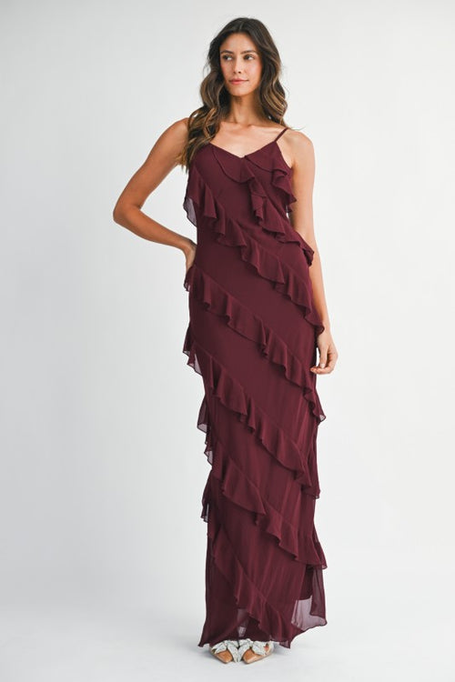 Reilly Asymmetrical Tiered Ruffle Maxi Dress - Wine