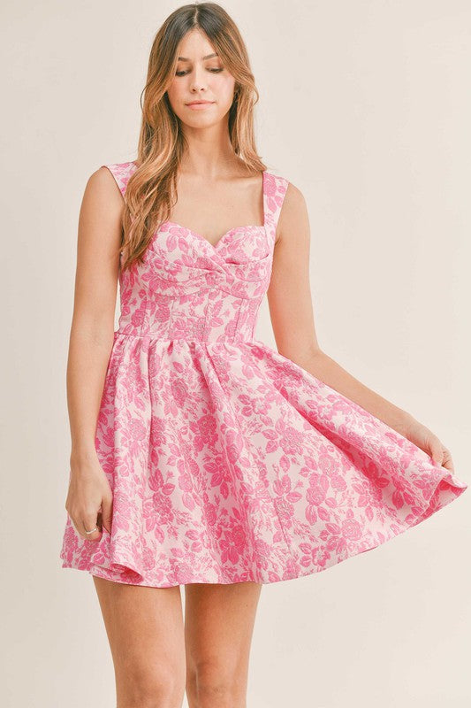 London Jacquard Floral Print Mini Dress - Pink