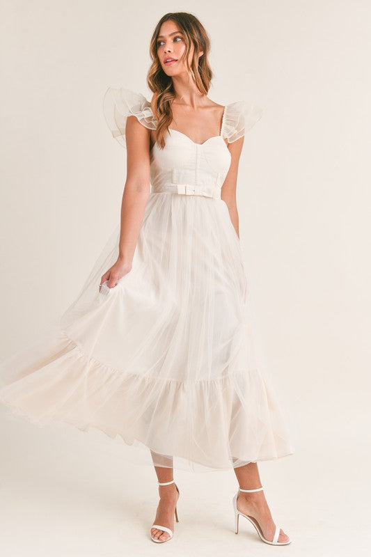 Francesca Ruffled Shoulder Organza Maxi Dress - Cream