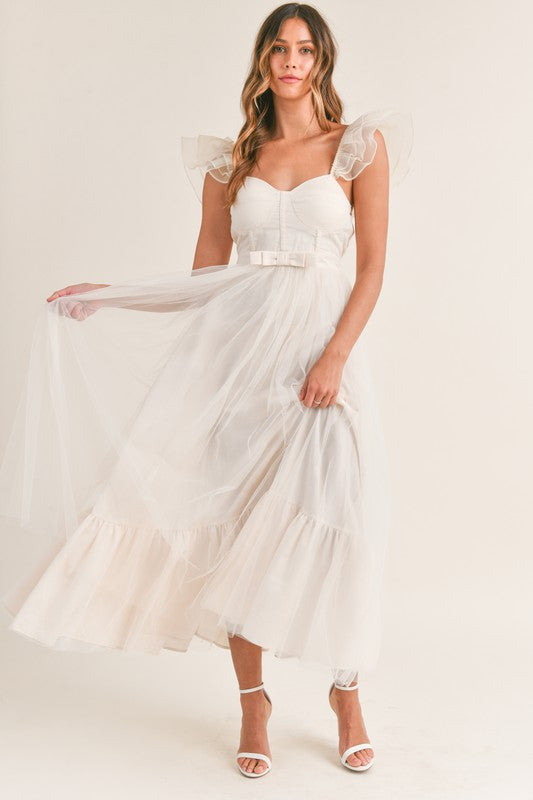 Francesca Ruffled Shoulder Organza Maxi Dress