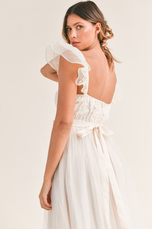 Francesca Ruffled Shoulder Organza Maxi Dress - Cream