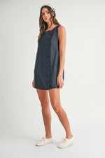 Siera Mod Linen Shift Button Detail Mini Dress - Navy