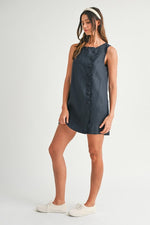 Siera Mod Linen Shift Button Detail Mini Dress - Navy