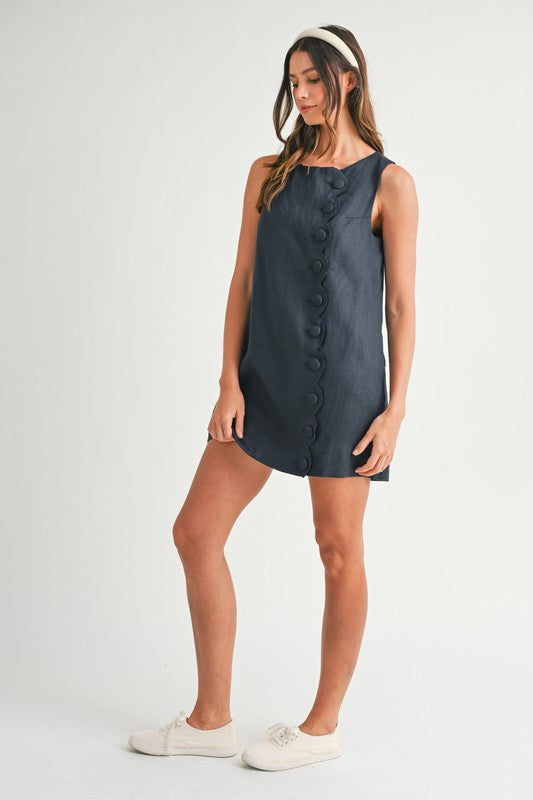 Siera Mod Linen Shift Button Detail Mini Dress - Navy