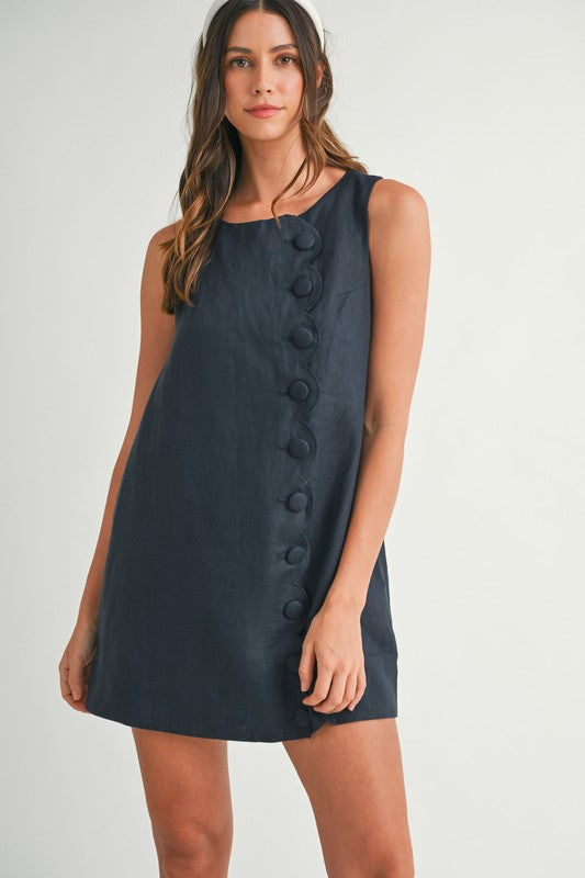 Siera Mod Linen Shift Button Detail Mini Dress - Navy