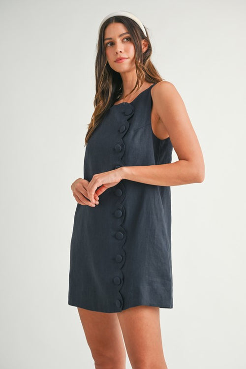 Siera Mod Linen Shift Button Detail Mini Dress - Navy