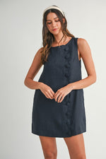 Siera Mod Linen Shift Button Detail Mini Dress - Navy