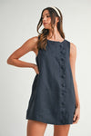 Siera Mod Linen Shift Button Detail Mini Dress - Navy