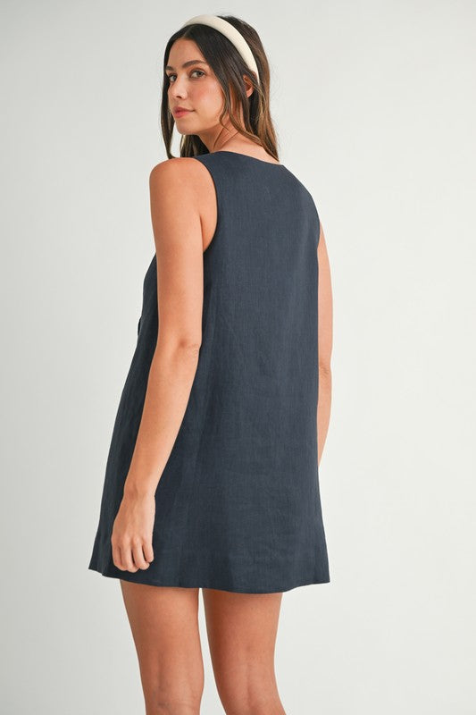 Siera Mod Linen Shift Button Detail Mini Dress - Navy