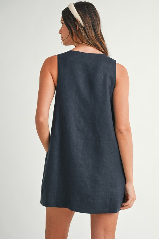 Siera Mod Linen Shift Button Detail Mini Dress - Navy