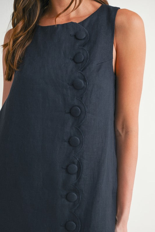 Siera Mod Linen Shift Button Detail Mini Dress - Navy
