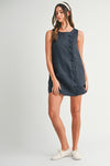 Siera Mod Linen Shift Button Detail Mini Dress - Navy