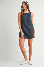 Siera Mod Linen Shift Button Detail Mini Dress - Navy