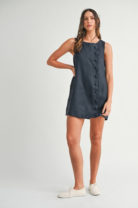 Siera Mod Linen Shift Button Detail Mini Dress - Navy