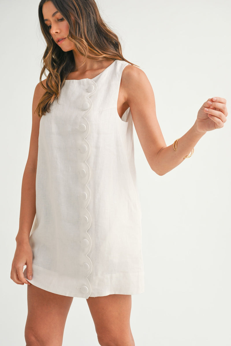 Siera Mod Linen Shift Button Detail Mini Dress - White