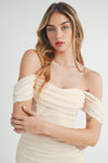 Yelena Mesh Ruched Off The Shoulder Maxi Dress