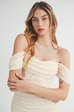Yelena Mesh Ruched Off The Shoulder Maxi Dress