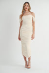 Yelena Mesh Ruched Off The Shoulder Maxi Dress