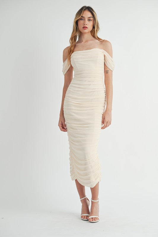 Yelena Mesh Ruched Off The Shoulder Maxi Dress