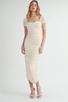 Yelena Mesh Ruched Off The Shoulder Maxi Dress