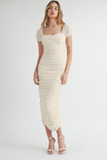 Yelena Mesh Ruched Off The Shoulder Maxi Dress