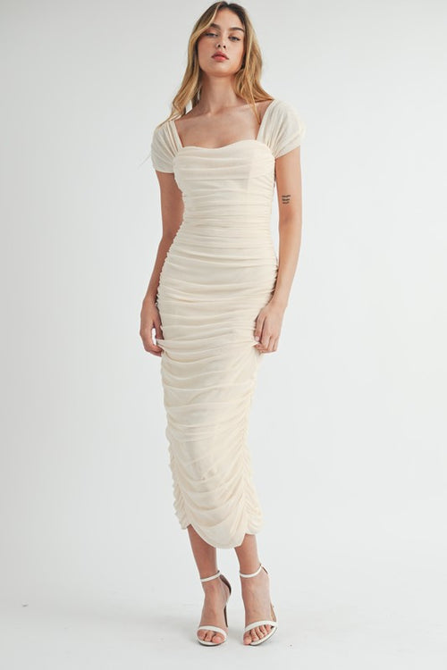 Yelena Mesh Ruched Off The Shoulder Maxi Dress