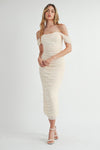 Yelena Mesh Ruched Off The Shoulder Maxi Dress