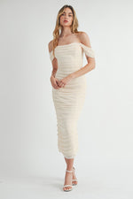 Yelena Mesh Ruched Off The Shoulder Maxi Dress