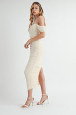 Yelena Mesh Ruched Off The Shoulder Maxi Dress