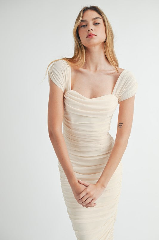 Yelena Mesh Ruched Off The Shoulder Maxi Dress