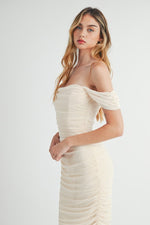 Yelena Mesh Ruched Off The Shoulder Maxi Dress