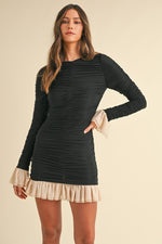 Jessalyn Ruched Contrast Frill Detail Long Sleeve Mini Dress