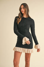 Jessalyn Ruched Contrast Frill Detail Long Sleeve Mini Dress