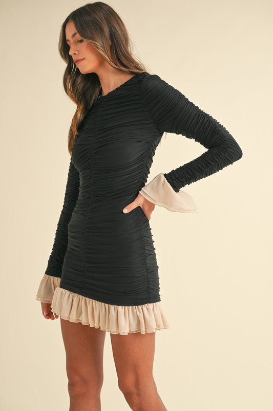 Jessalyn Ruched Contrast Frill Detail Long Sleeve Mini Dress