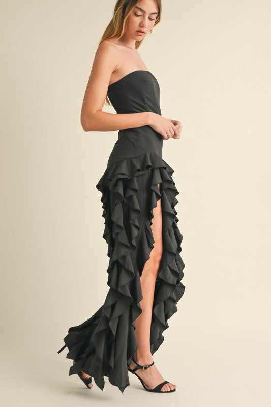 Rita Strapless Ruffle High Slit Maxi Dress