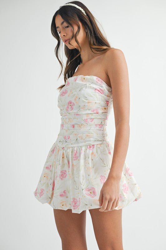 Lola Strapless Floral Ruched Bubble Hem Mini Dress